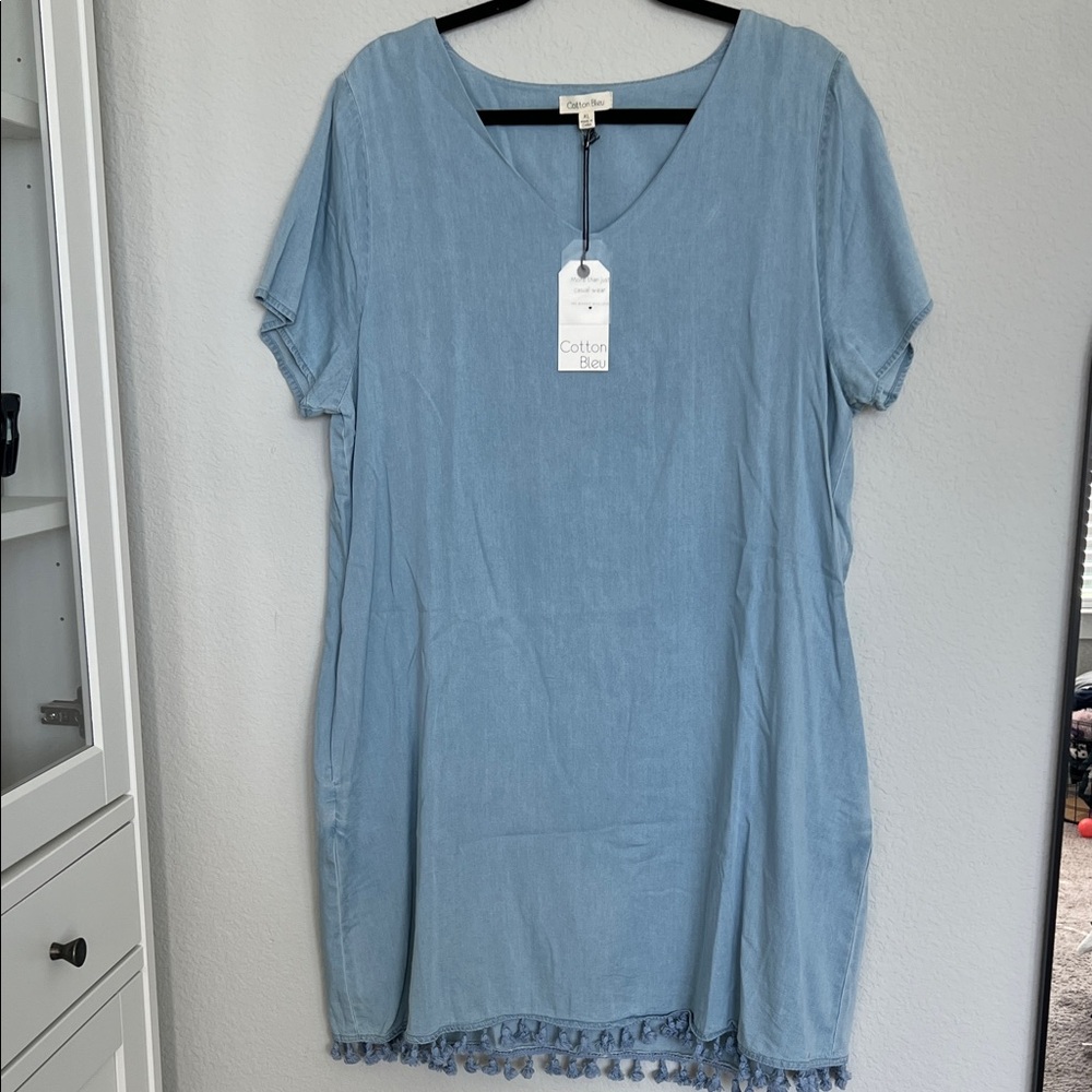 Cotton Bleu Chambray Denim Dress with Tassel Bottom Details